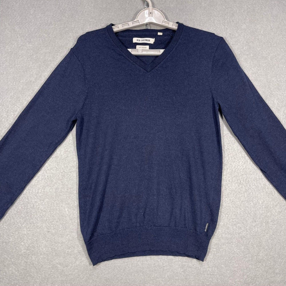 Ben Sherman Sweater Mens Small Navy Blue 100% Merino Wool V-Neck Pullover